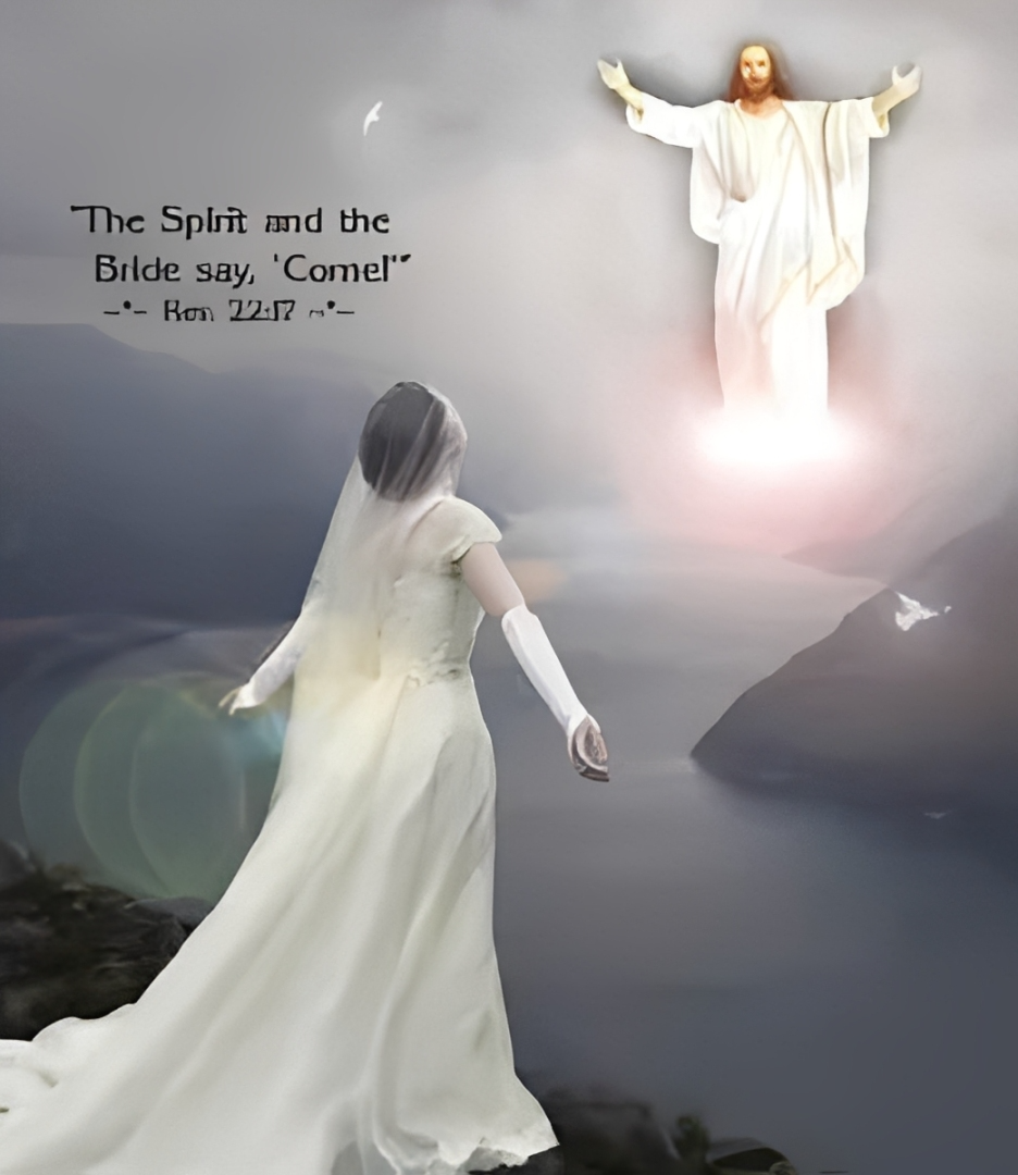 Bride in white before radiant figure